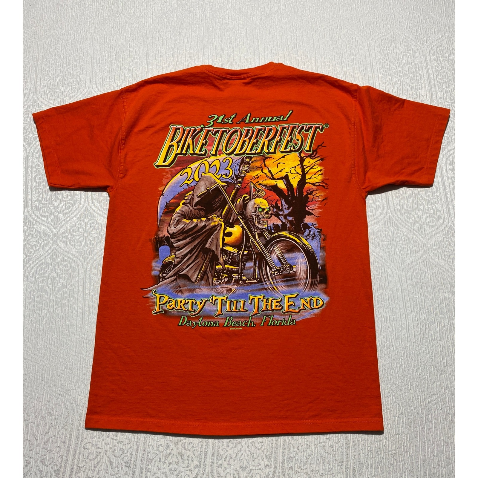 Jerzees Biketoberfest 2023 Daytona Beach Florida Orange Biker TShirt Mens M